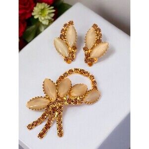 Vintage Brooch & Earrings Set Rhinestones Brown Demi-Parure MCM 3C